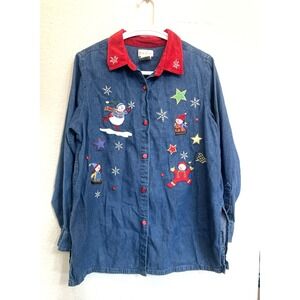 Vintage Bobbi Brooks Woman 14-16‎ Button Up Shirt Embroidered Christmas Snowman